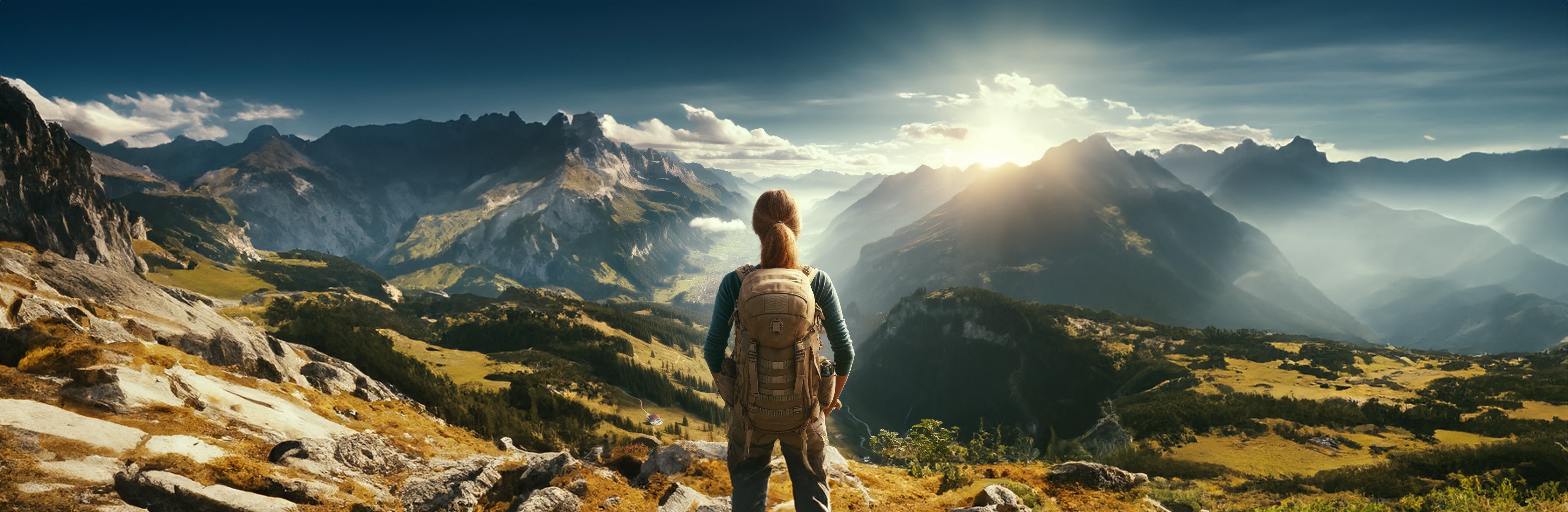 Rendu type photographie d'une randonneuse devant un superbe paysage de montagne